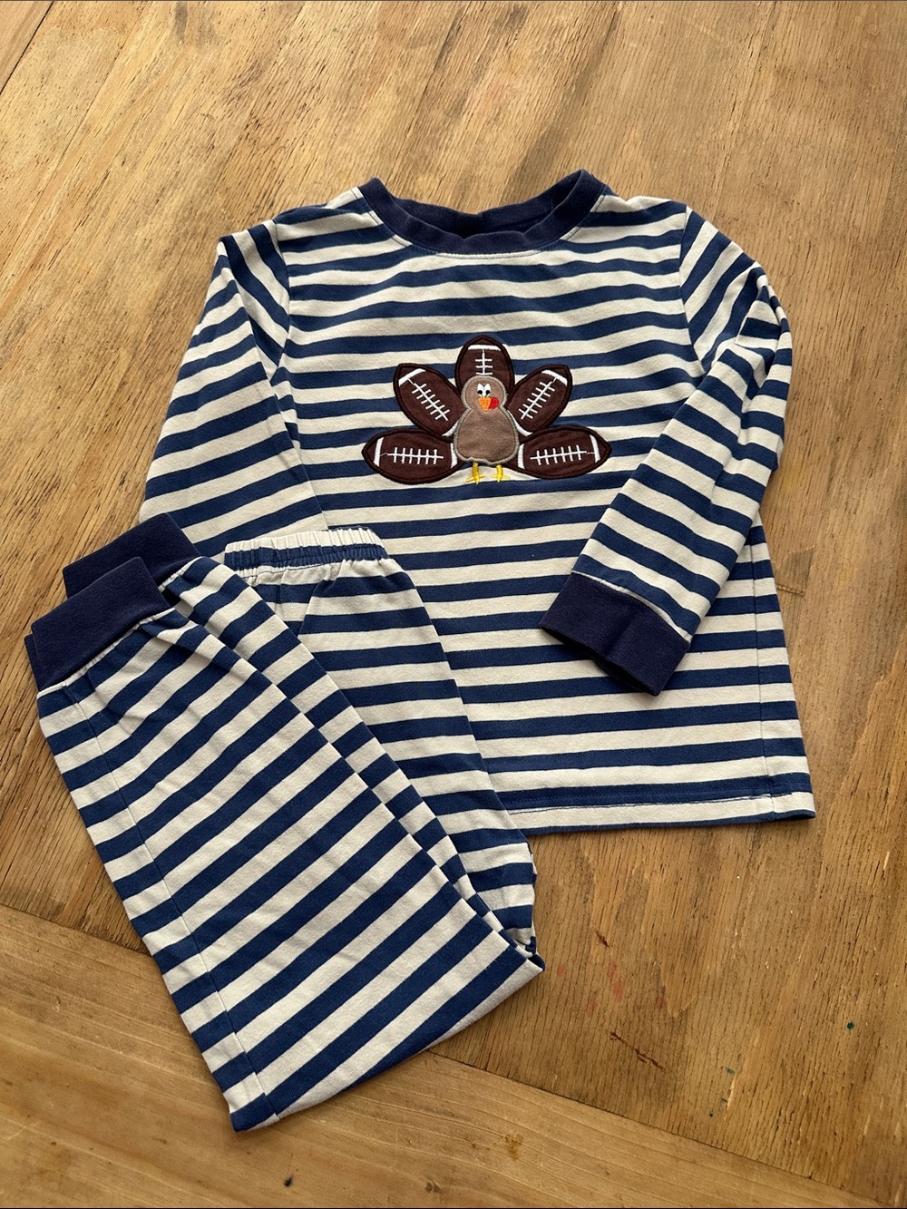 4T Navy & White Striped Kids Pajama Set with Football Turkey Appliqué